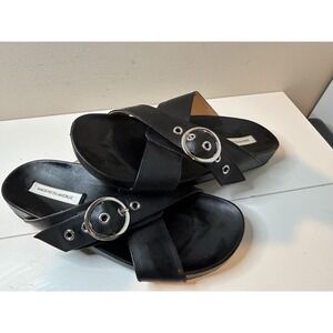 Saks Fifth Avenue JUDI Black Leather Buckle Cross Over Slide Sandals Womens 8